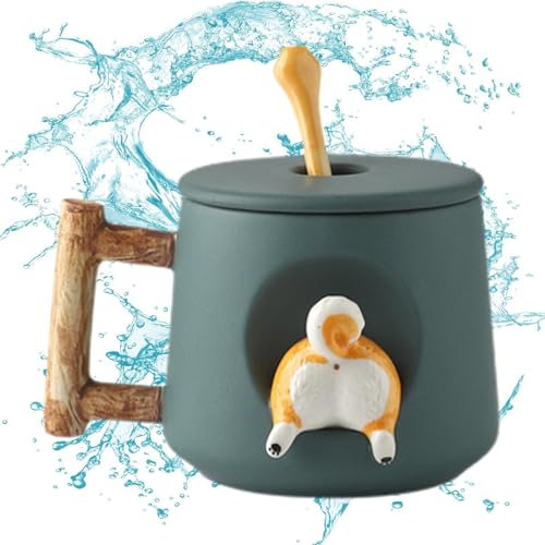 Tazza con cane – affascinante tazza in ceramica Shiba , tazza in ceramica ad alta capacità da 420 ml con cane in stile cartone animato, con coperchio e cucchiaio, tazza da caffè con coppia di
