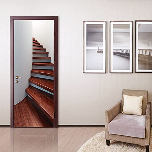 FLFK 3D Spiral Wooden Staircase Door Murals Peel and Stick 85x215cm-Self-adhesive Door Poster Stickers Wallpaper for Living Room Decor(2Pcs/Set)