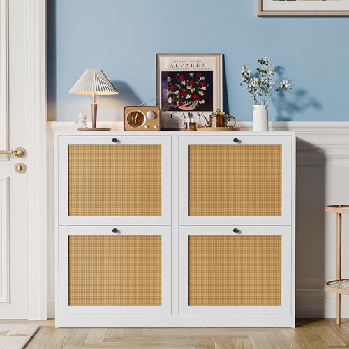 Yvsevnr Madera Muebles Zapatero de Ratán Bohemio Zapatero Entrada Recibidor 4 Puertas para 16-24 Pares, Antivuelco, Estantes Ajustables, para Entrada, Salón, Pasillo 102x23x84 cm