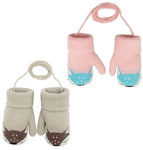 FUIPVGI 2 Pares Manoplas de Punto de Invierno para Bebés, Lindos Guantes con Forro Polar Cálido de Zorro con Forro Peludo para Colgar en el Cuello para Niñas y Niños de 1 a 3 Años (Caqui, Rosa)