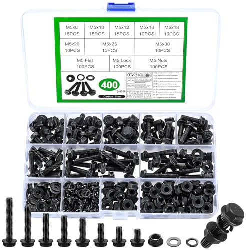 400 Stk M5 Schrauben Set, Flanschschrauben Muttern Set, Sechskantschrauben und Muttern Set, Linsenkopfschrauben mit Flanschmuttern mit Unterlegscheiben Set, Schwarz Gewindeschrauben Sortiment