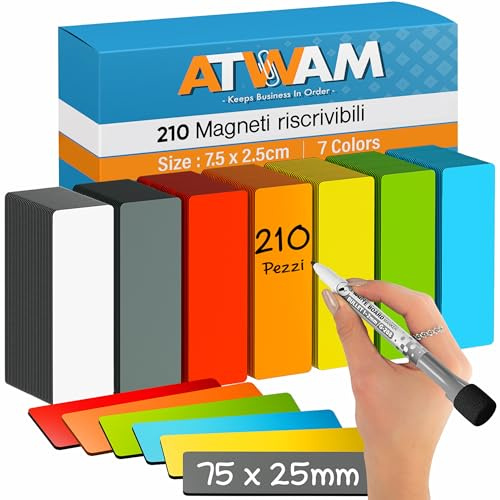 ATWAM 210 Magnetiska Remsor Skrivbara - 75 x 25 mm - 6 Färger | Scrum & Kanban - Skrivbara Magneter - Magnetar för Whiteboard, Magnettavla, Kylskåp