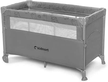 kidnort Näste Reisebett Babybett 3 in 1 Beistellbett mit Matratze Doppelboden Seiteneinstieg Rollen Faltbar Transporttasche mit seitlicher Öffnung und Befestigungsgurten Hellgrau