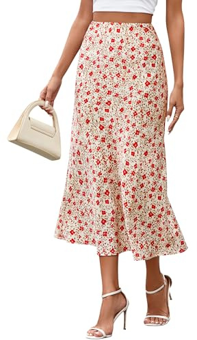 BTFBM Satin Skirts for Women Trendy Summer 2025 High Waisted A-Line Leopard Print Cocktail Wedding Long Silk Midi Skirt(Floral Apricot Red, X-Large)
