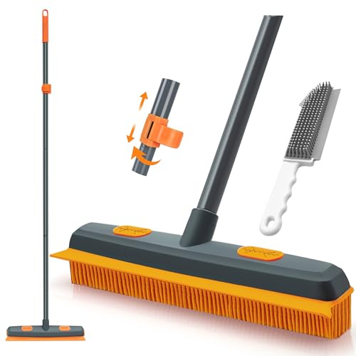 TidyBliss Rubber Broom with Silicone Squeegee, 146 cm Carpet Brush for Pet Hair, Fur Remover Tool with Detailing Lint Comb for Cleaning Rug, Tile, Hardwood Floor (Gray Orange)