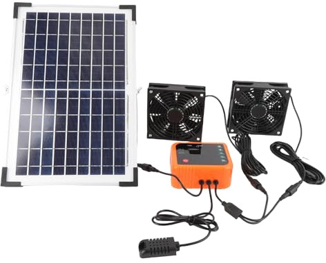 Asixxsix Solcellsfläkt, 10W solcellsdriven fläkt med 4400mAh batteri, styrenhet och dubbel ventilationsfläkt, IP65 vattentät, för utomhusbruk av hönshus, växthus och skjul