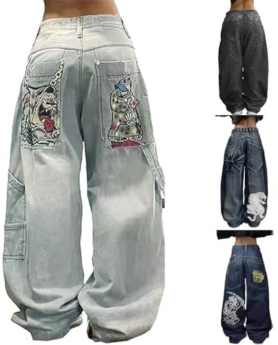 Hip Hop jeans dam cargobyxor unikt tryck breda byxor låg midja gotiska streetwear jeans retro tvättade Y2K fritidsbyxor lösa raka ben jeans vardagsbyxor S–XXL