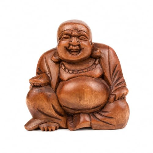 Laughing Buddha Statue Wooden Hand Carved Buddha Ornament – Sustainable Bali Wood Figure – Feng Shui Prosperity Buddha – Spiritual Meditation Gift – 11.5cm x 12cm