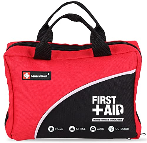 General Medi 160 Piece Premium First Aid Kit Bag - Includes Cold (Ice) Pack, Emergency Blanket for Travel, Home, Office, Car, Camping, Workplace (Red)