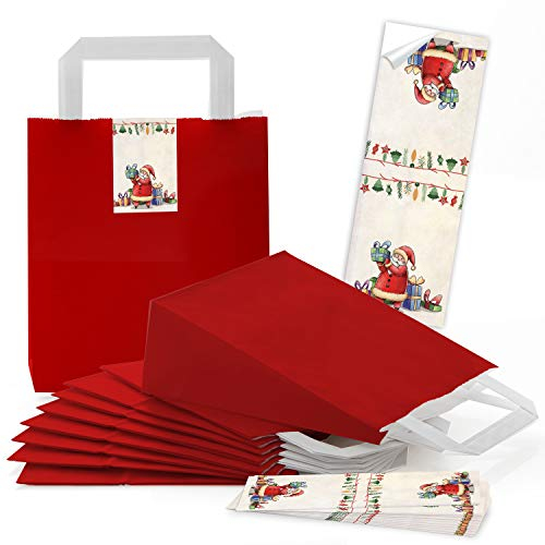 Logbuch-Verlag 50 kleine ROTE Papiertüten Weihnachten MIT Santa Nikolaus Aufkleber 18 x 8 x 22 cm Geschenkverpackung Kinder Mitarbeiter Kunden Kollegen Kraftpapier