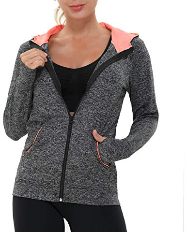 AMZSPORT Donna Felpa Sportiva Giacca da Running a Manica Lunga con Cappuccio con Fori per i Pollici e Tasche Nero M