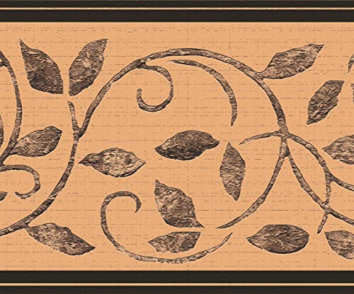Dundee Deco DDAZBD9084 Tapetenbordüre zum Abziehen und Aufkleben, Damastgrau, Braun, Sepia-Schnörkeln, Blätter, Wandbordüre, Retro-Design, 4,57 m x 17,78 cm, selbstklebend