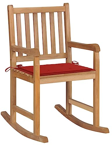 vidaXL Teak Massiv Schaukelstuhl mit Rotem Kissen Schaukelsessel Gartenmöbel Stuhl Sessel Relaxstuhl Schwingsessel Gartenstuhl Holzstuhl