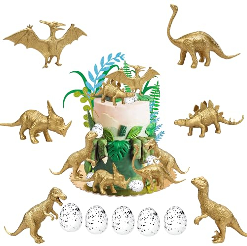 18 Stück goldene Dinosaurier-Figuren Spielzeug Kuchendekoration mit Dinosaurier-Eiern und künstlichen Palmenblättern, pädagogisches realistisches Dinosaurier-Tier-Set für Dino-Motto Geburtstagsparty