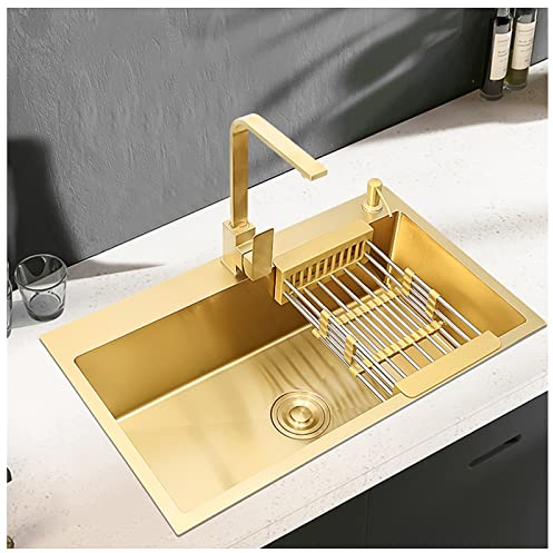 Bar Gold Waschbecken Multifunktionales Küchenspülbecken Aus Edelstahl Mit Goldenem Abtropfgestell Und Montagekomponenten Für Eine Einfache Reinigung (Color : C, S : 60x45x21cm)