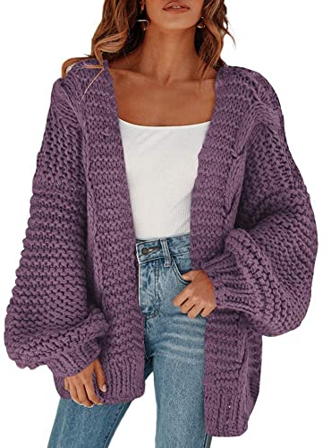 Cicy Bell Damen Strickjacken Cardigan Lose Laternenärmel Elegante Übergroße Pullover Lila XL