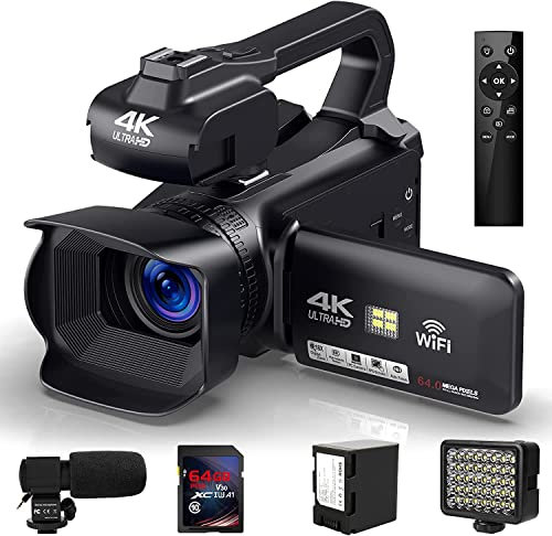 Videokamera 4K Camcorder HD 60FPS 64MP Autofokus Vlogging Kamera WiFi Webcam 18X Digital Zoom 4 Touchscreen YouTube Camera mit Mikrofon, LED Fülllicht, Stabilisator, Gegenlichtblende, 64G SD-Karte