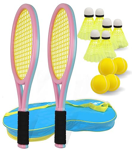 JHuiLap Kinder Tennisschläger Set – Enthält einen 17-Zoll-Schläger, 4 weiche Schaumstoffbälle, 6 Federbälle und eine Tragetasche – Ideal für Kinder für Outdoor- und Indoor-Sport (Blau und Rosa)