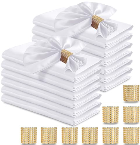 RUDONG M 100 Pcs White Satin Napkins and Napkin Rings Set, 17 x 17 Inch Square Cloth Napkins Set of 50, Silky Soft Table Napkins Bulk for Weddings, Banquet, Parties Dinner Decoration