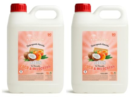 Familycom Lot de 2 détergents liquides pour machine à laver professionnelle Marseille, couleurs traditionnelles, 5 litres (2 unités de 5 L) 10 litres (coco-pêche)