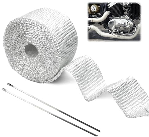Hitzeschutzband Auspuff Auspuffbandage, Weiß Auspuffband mit 1pcs Kabelbinder Hitzeschutz Auspuff Bandage 500 cm x 5 cm Hitzeschutzschlauch für Auto Motorrad Fächerkrümmer Krümmerband, 1 Stück