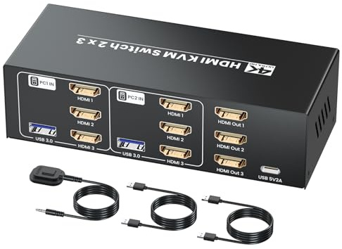 4K/60 Hz HDMI KVM-switch 3-bildskärmar 2 datorer, trippel skärm HDMI KVM-omkopplare för delad användning av 3 bildskärmar och 1 uppsättning tangentbord, mus och andra USB-enheter