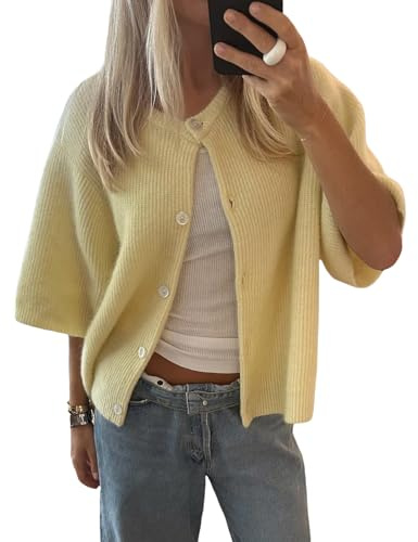 Nicoxijia Women's Y2K Summer Button Down Sweater Cardigans Shirts Short Sleeve Knitted Blouse Top Going Out Cropped Knit Tops