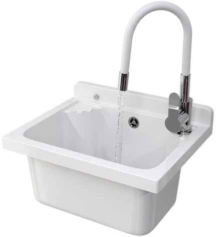 Ausgussbecken mit Mischbatterie undPlatz für Seifenspender Garage Keller Werkstatt und Waschküche - Universal Waschtrog mit Siphon - Waschbecken Wandmontage - 42x34x24 cm - Weiß - Granitan