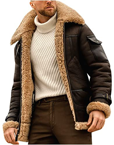Cazadora Hombre Invierno Forro de Lana Invierno Chaqueta Polipiel de Solapa Larga Cálido Chaqueta Cuero Chaqueta Piel Vintage Chaqueta de Piel Otoño Casual Cazadora Chaqueta Aviador Chaqueta Moto