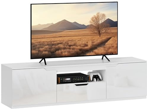 HOMCOM TV Schrank Lowboard mit 2 Türen, Schublade, 160 cm lang Fernsehtisch für Fernseher bis zu 65 Zoll, TV Board mit Kabelmanagement für Wohnzimmer, Weiß