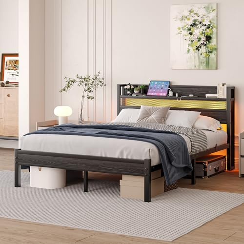 HAHRIR Double Metal Bed Frame with 4ft6 Storage Headboard, Charging Station & LED Lights, 135×190cm Heavy Duty Steel Slats Support, Black