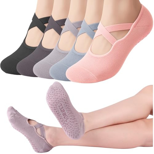 Utensilsto 5 Paar Pilates Rutschfeste Socken 35-37 Damen Yoga Antirutschsocken Grip Stoppersocken mit Kreuzgurte Ballett Tanzsocken Damen für Tanz, Barfuß, Trampolin, Zuhause, Krankenhaus
