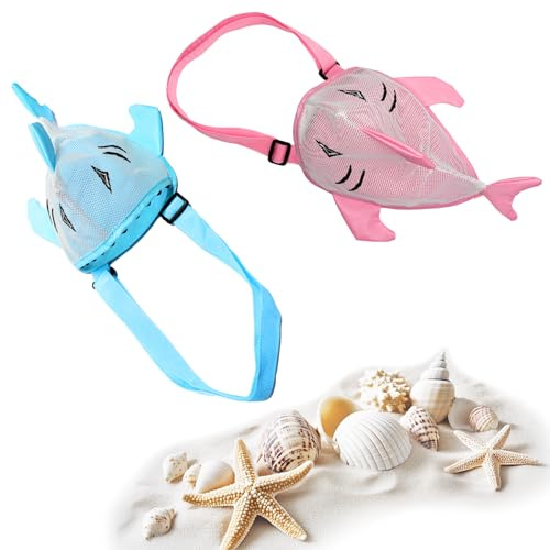 Anandming Confezione da 2 sacchetti a forma di conchiglie per spiaggia, porta conchiglie in rete, strumenti di raccolta di sgusciamenti, secchiello da viaggio per giocattoli di sabbia, borsa per