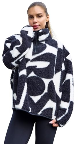 OHS Fleece Jacket Women Half Zip, Geometric Teddy Fleece Jacket Soft Cosy Warm Winter Clothing Women's Jackets Half Zip Sweatshirt Women Long Sleeve Ladies Jackets Top for Outdoor, Monochrome - S/M
