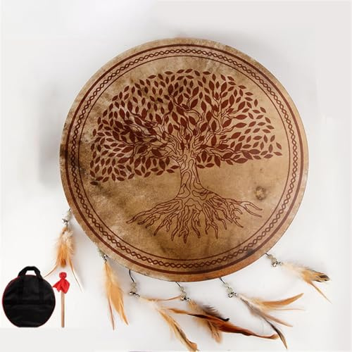 Tambor de piel de búfalo nativo americano hecho a mano de 50 cm, ceremonial chamánico con diseño de tótem para música espiritual y rituales (marco de 50 cm para adultos)