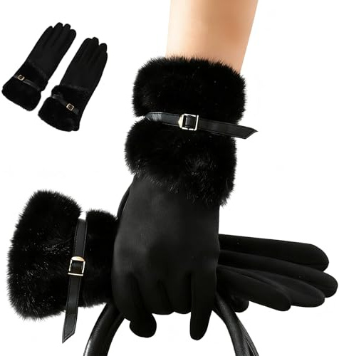 FOSDICK Guanti Donna Invernali, Guanti Invernali Touch Screen, Guantis Termici Donna con Polsino in Pelliccia Morbida, Guantis Donnas Eleganti con Fleece, per Guida, Ciclismo, Corsa, Sport