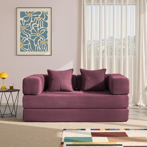 YINIX Folding Sofa Bed 160cm King Size, Convertible Modular Sofa, Corduroy Boneless Couch with Metal Frame, 2 Seater Floor Futon Mattress, Non Slip Base, Washable Cover