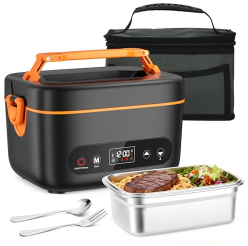 PAHTTO Contenitore termico elettrico per adulti, contenitore termico riscaldabile da 1,2L in acciaio inossidabile con batteria ricaricabile, scaldavivande portatile con contenitore interno rimovibile