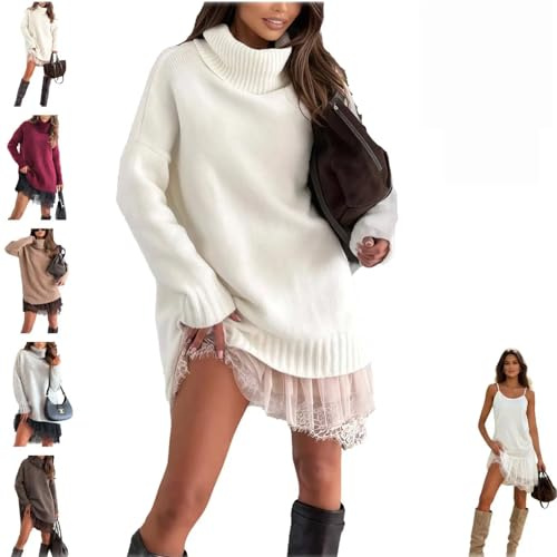 Rouge Robe Paillette Femme Chic Et Elegant Robe De Soiree V Manches Longues Robes Noel Taille Haute Cocktail, Col Roulé Pull avec Bordure Dentelle Grande Taille Débardeur Bleu Hiver Pullover S-XXL