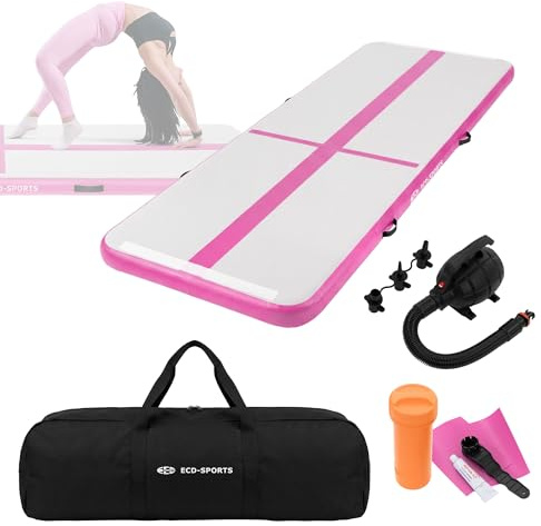 ECD Germany Uppblåsbar luftmatta gymnastik Airtrack 3m/4m/5m rosa/mintgrön yogamatta träningsmatta tumblingmatta pilatesmatta fitnessmatta sportmatta för hem gym inkl bärväska och elektrisk luftpump