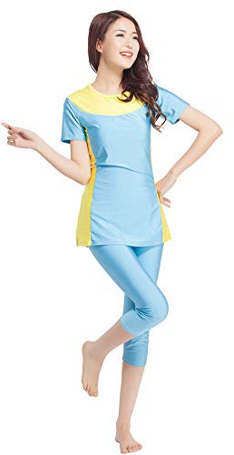 Muslimska badkläder baddräkt heltäckt blygsamma badkläder mode muslimska badkläder burkini kortärmade toppar och byxor i 2 delar mode badkläder set(Skybluee, M)