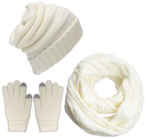 CheChury vinter halsduk stickad mössa stickad set beanie handskar dam halsduk mössa handskar set stickad presentset pekskärm handskar