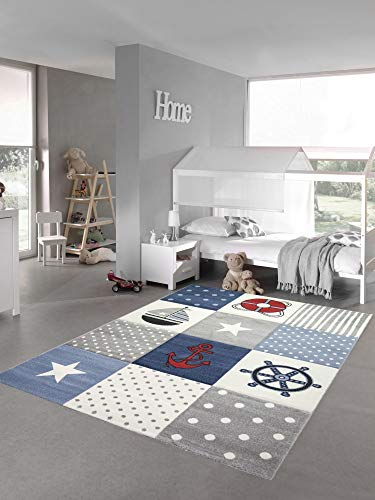 Kinderteppich Spielteppich Junge Teppich Maritim kariert in blau Creme grau Größe 120x170 cm