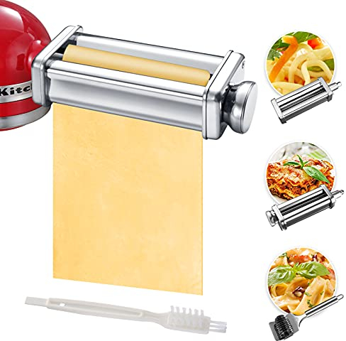 Pasta Maker Attachment Set for KitchenAid Stand Mixers Included Noodle Lattice Roller, Spaghetti Cutter, Pasta Roller and Cleaning Brush