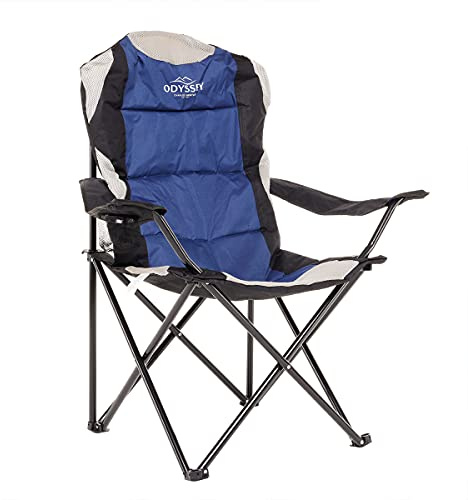CHARLES BENTLEY Odyssey, Single Folding, Camping Chair, Blue & Grey, Lightweight Drawstring Carry bag, Drink Holder, Portable, Festival, Comfortable, Staycation, Padded, Two Arm Rests (60x60x105cm)
