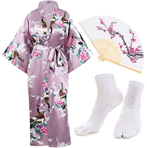 Heone Japanese Long Kimono Satin Peacock Printed Lightweight Cardigan Jacket Coat Loose Yukata Cloak Bathrobe Tops folding fans Tabi Socks Set(Purple XL-5XL), Purple, X-Large-5X-Large