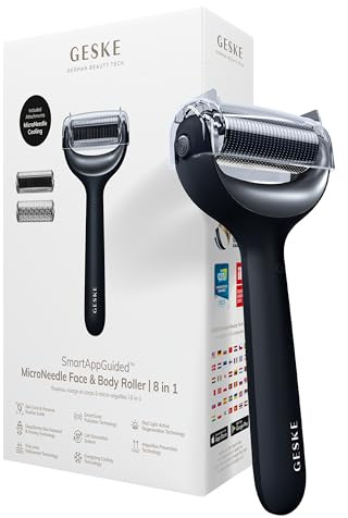 GESKE SmartAppGuided™ MicroNeedle Face & Body Roller | 8 in 1 | Derma Roller | Electric roller | Microneedling device | Needle roller | Beauty roller for face and body