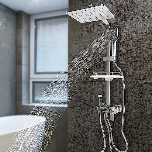Termostatiska duschsystem, rostfritt stål, duschpelare, regndusch, multifunktionellt duschset, 73–116 cm, 4,92 fot vattenslang, justerbar duschstång | silver |