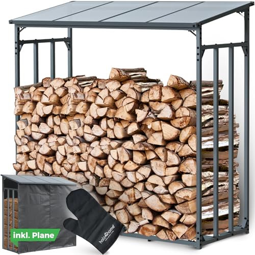 holz4home® Kaminholzregal Außen Holzlager I Größe: 182 x 70 x 185 cm LxBxH I Brennholzregal inkl. Ofenhandschuh I Überdachung mit Stapelhilfe für Brennholz