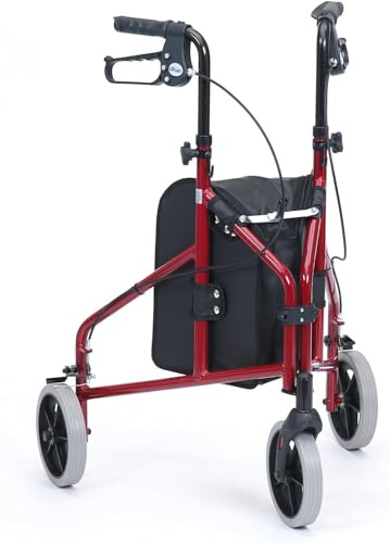 Lauflernhilfe mit 3 Rädern, mit Sitz und Rollen, rot, leicht, Aluminium, Tri-Walker mit Taschen-Rollator